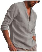 Camisa informal de lino para hombre, camisa de manga larga con cuello en V, ropa de playa, 2024 - details 18