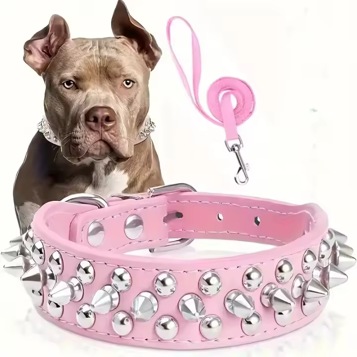 Juego de Collar y correa para perro con pinchos, Collar de perro de cuero con remaches, Collar ajustable para caminar al aire libre - 1