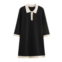 Vestido corto de punto con cuello polo y mangas hasta el codo para mujer, estilo vintage, con parches negros, mini vestido informal de otoño. - details 0