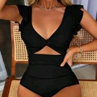 Traje de baño de malla de contraste de una pieza, traje de baño de control de barriga sin espalda de color sólido con cuello en V de corte alto y ropa para mujer - details 0