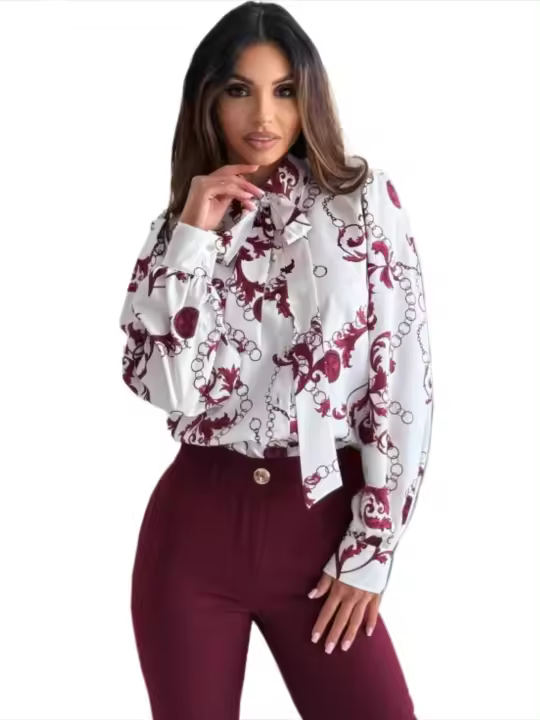 Blusa elegante con borlas para mujer, blusa de manga larga estampada a la moda, tops con botones para - 1