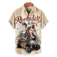 Camisas para hombres 3d Vintage moda Vio Rocker impreso Rockabilly camisa hawaiana Tops de manga corta ropa de calle al aire libre - details 3