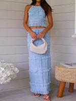 Conjunto a juego de faldas plisadas con chaleco y cuello redondo liso, traje de retazos sin mangas para primavera y verano para mujer, trajes de mujer con cintura elástica 2025 - details 17