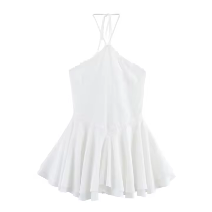 Vestido corto de playa con tirantes, cuello halter, espalda descubierta y decoración en capas PB&ZA2025, estilo veraniego para mujer. - 1