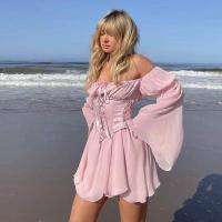 Mini vestido de gasa de hada rosa para mujer, corsé elegante con venta, vestido de verano de dama de honor con cuello con cuentas y manga larga vintage, - details 11