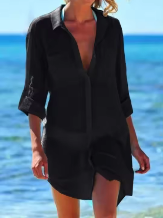 Túnica de algodón para mujer, ropa de playa de Color sólido, traje de baño holgado, pareo de Bikini, vestido camisero transparente - 1
