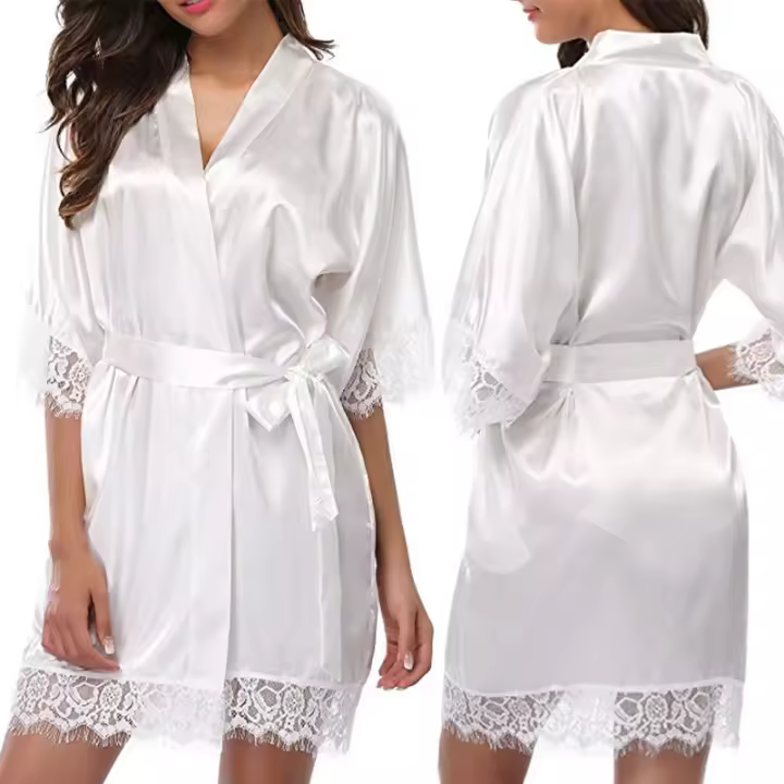 Pijama De Seda Para Mujer Con Encaje Y Manga Larga Cómodo Y Suave De Color Sólido Negro Bata De Baño De Largo Cintura - 1