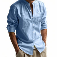 Camisa de lino de primavera y otoño, manga larga, cuello alto, transpirable, pegatina informal, camisa de bolsillo, hombres - details 7