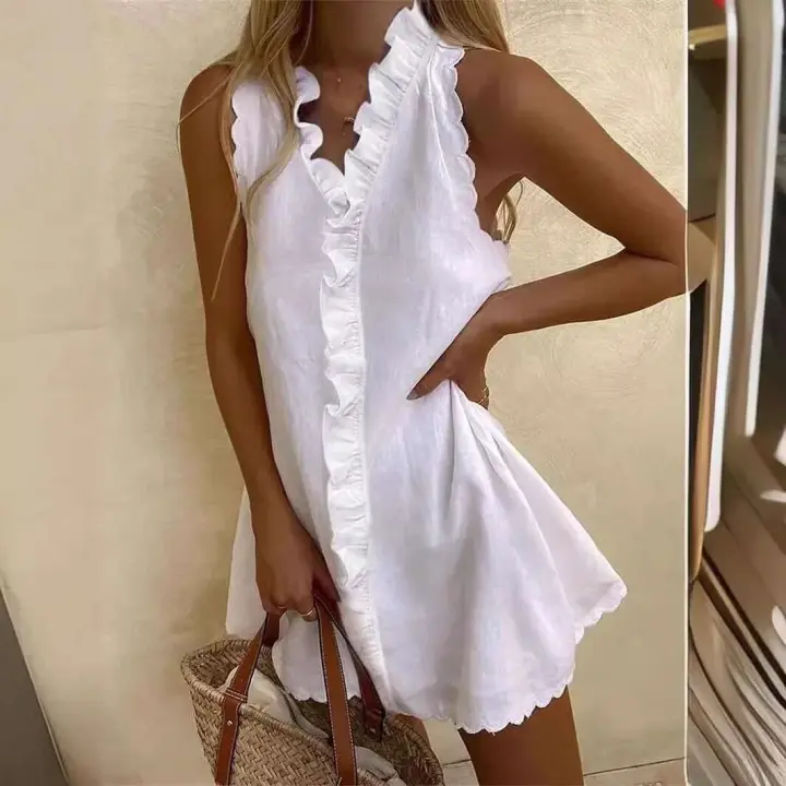 Elegante Falda Mini Bohemia Vestido de Verano Casual de Algodón y Lino con Cuello en V y Borlas - 1