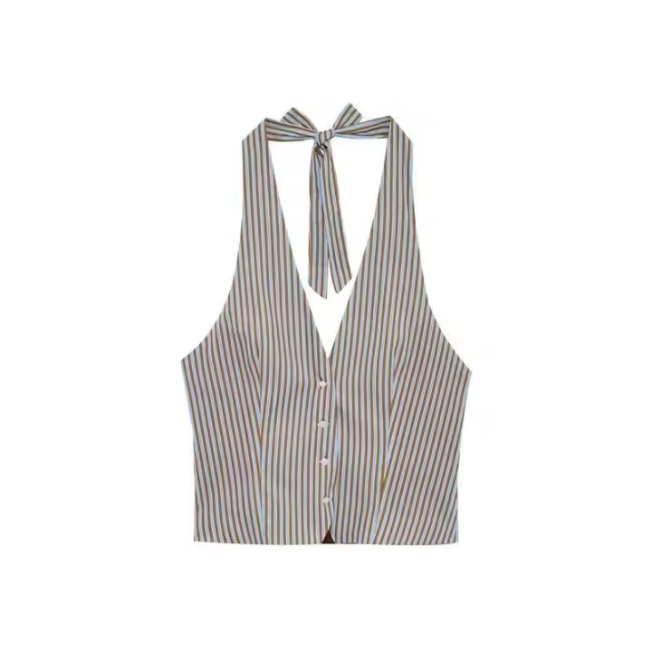 ZOCI-Chaleco de cuello Halter a rayas a la moda para Mujer y pantalones con bolsillos laterales de cintura media elástica, conjuntos de dos piezas para Mujer - 1