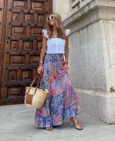 Faldas florales de calle de verano para mujer, cintura elástica, maxifalda con volantes, estampado Azul S - details 4
