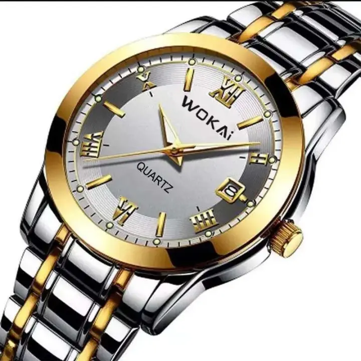 Reloj de cuarzo con banda de acero para negocios, WOKAI de lujo de alta calidad, dorado, con calendario deportivo, resistente al agua, retro - 1