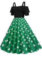 Vestido de fiesta Vintage elegante con hombros descubiertos, vestidos Midi de línea A con volantes y lunares de verano para mujer - details 1