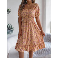 Primavera Verano 2025 Europeo y Americano Floral Cuello Cuadrado Manga Corta Cintura con Volantes Falda Línea A - details 10