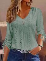 Blusa de manga larga para mujer, camisas casuales con botones y cuello en V, blusas elegantes con hebilla para mujer 2024 - details 5