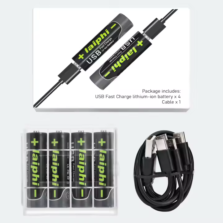 Baterías Recargables de Litio Laiphi USB-C 1.5V 3000mWh, Paquete de 4, Incluye Cable de Carga - 1