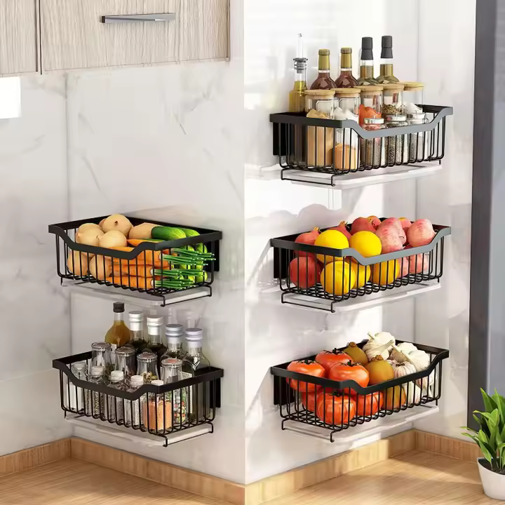 Cesta de cocina montada en la pared, organizador de estantes de iluminación de metal para especias, verduras y frutas - 1