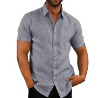 Camisas de Lino y Algodón para Hombre en Verano Pantalón Corto Informal, Camisas con Manga, Blusas Lisas con Cuello Giratorio, Camisas Formales de Playa - details 2