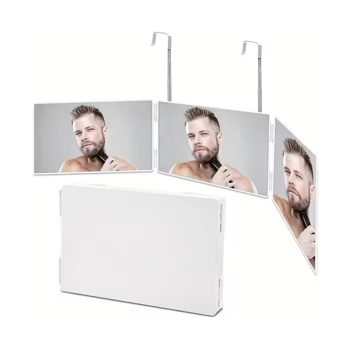 Espejo colgante ajustable retráctil blanco, tres espejos plegables de maquillaje, tres pliegues, punto cosmético portátil - 1