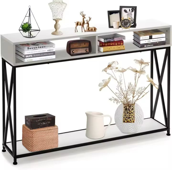 Mesa de Consola Industrial de 3 Niveles Estrecha Rectangular con 2 Cubos Abiertos y 1 Estante Inferior Estructura de Metal 120 x 23 x 79 cm Para Sala de Estar y Dormitorio - 1