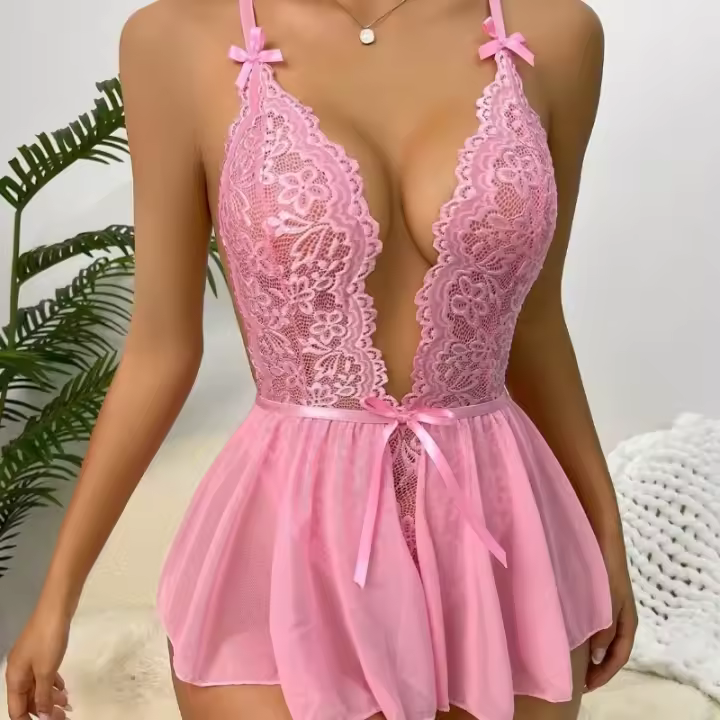 Traje sexy de encaje calado para mujer, traje suave y cómodo con lazo en V profundo, correa ajustable para el hombro, lencería de color sólido para mujer - 1
