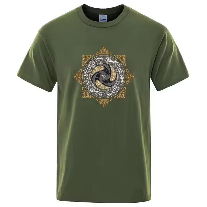 Camiseta casual de manga corta de algodón con estampado vikingo retro básico para hombre Top de verano - 1