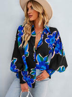Camisa informal con estampado Vintage para mujer, blusa Retro para mujer, Top de manga larga con solapa y botonadura única, primavera y verano - details 7