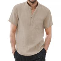 Camiseta de manga corta para hombre, camisetas informales de algodón y lino para hombre, camisa de verano de Color sólido, cómoda y transpirable - details 3