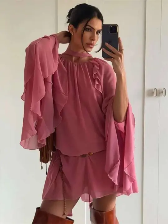 Elegante Vestido de Gaza Larga con Corte en V Profundo Manga Larga Suave y Lángua, Borlas en la Edad, Moda para Mujeres 2025 - 1