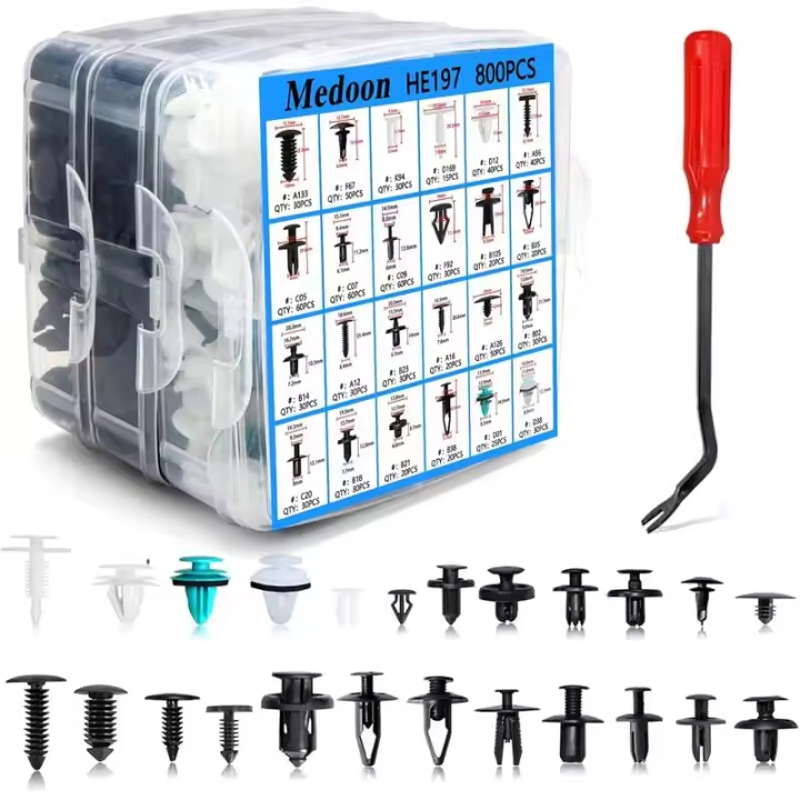 Sujetadores de Retención para Carrocería de Autos, Kits de 24 Tamaños Más Populares, Kit de 801 Clips de Acabado para Panel de Puerta de Auto, 1 Removedor de Sujetadores para Ford GM - 1