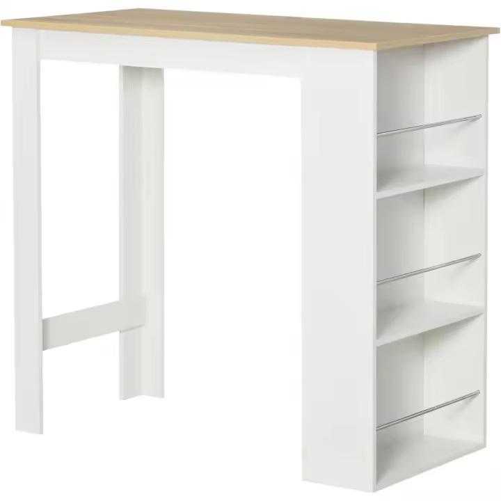 Mesa de bar, mesa de bistró, mesa de comedor, mesa alta con 3 estantes laterales y estructura de madera, carga 50 kg, 112x57x106 cm, blanco - 1