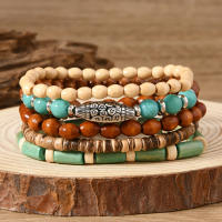 Juego de 5 Pulseras de Madera Vintage con Turquesa, Brazalete Elástico Multinivel para Hombre, Regalos para Hombre, Diseño Minimalista, Material Ecológico - details 1