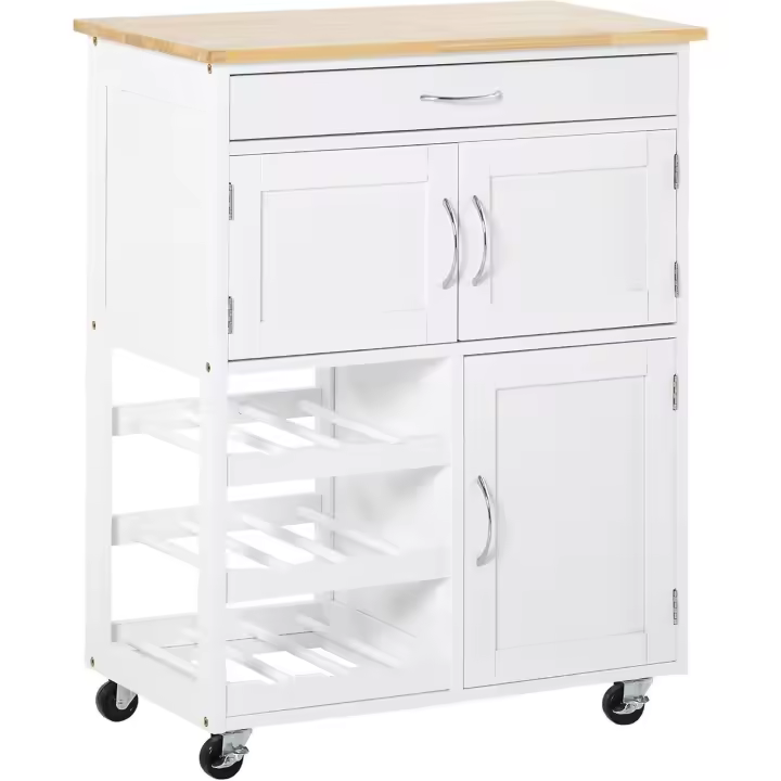 Cocina Islanda Carrito Auxiliar con Ruedas 2 Armarios Estantes Abiertos 9 Botellas - 1