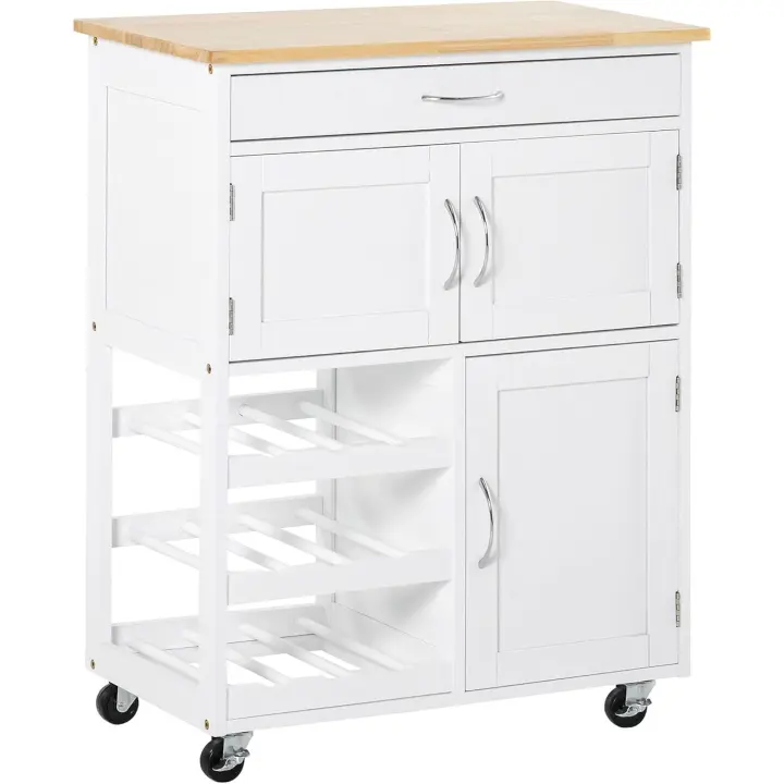 Cocina Islanda Carrito Auxiliar con Ruedas 2 Armarios Estantes Abiertos 9 Botellas - 1