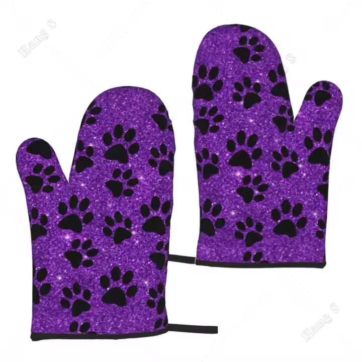 Guantes de horno morados con patas de perro, 2 piezas para hombres y mujeres, cocina, barbacoa, estampado resistente al calor, regalo de Navidad, guantes de cocina de talla única - 1