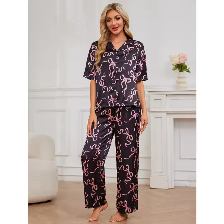 Pijamas mujer primavera y otoño camisa de manga corta de seda de hielo conjunto de pantalones ropa de estar - 1