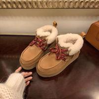 Botas cortas de piel de vaca con pastel de oveja para mujer, estilo Su Yinyin con cordones, suela gruesa, forro polar, algodón cálido para la nieve para invierno - details 1