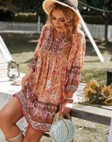 Vestido corto bohemio de manga larga para mujer 2025, vestido casual holgado con cuello en V - details 4