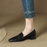 Zapatos pequeños de punta cuadrada estilo francés para mujer, tacón bajo, tacón grueso, zapatos pequeños de cuero - details 16