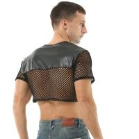 Tops cortos sexys para hombre Lencería de malla de cuero PU Mini chaleco Manga corta Muscle Clubwear Sujetadores Traje erótico Cuello en O - details 6