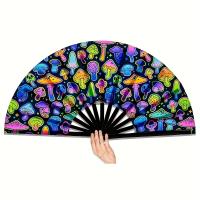 1 abanico grande de carnaval, abanico de mano con brillo UV para hombres/mujeres, hongo reflectante, adecuado para artes marciales, Pascua, temas retro hawaianos, disfraces de carnaval, bares, fiestas, discotecas, bailes, regalos y decoraciones de cumplea - details 1