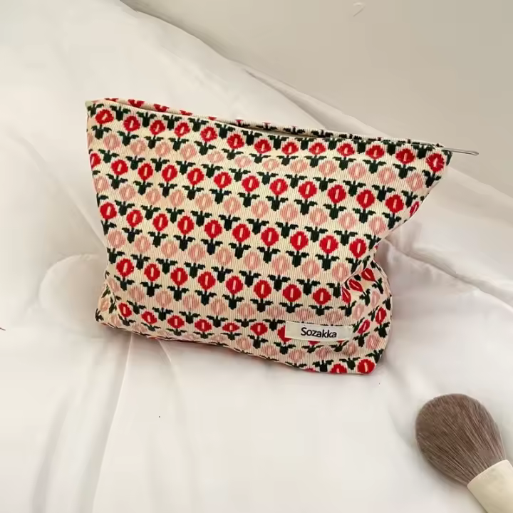 Bolsa de Maquillaje de Pana Retro con Estampado de Flor Ideal para Viajes Organizador de Cosméticos - 1