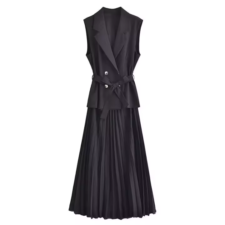 Vestido largo plisado sin mangas, elegante para fiesta y oficina, otoño 2025 - 1