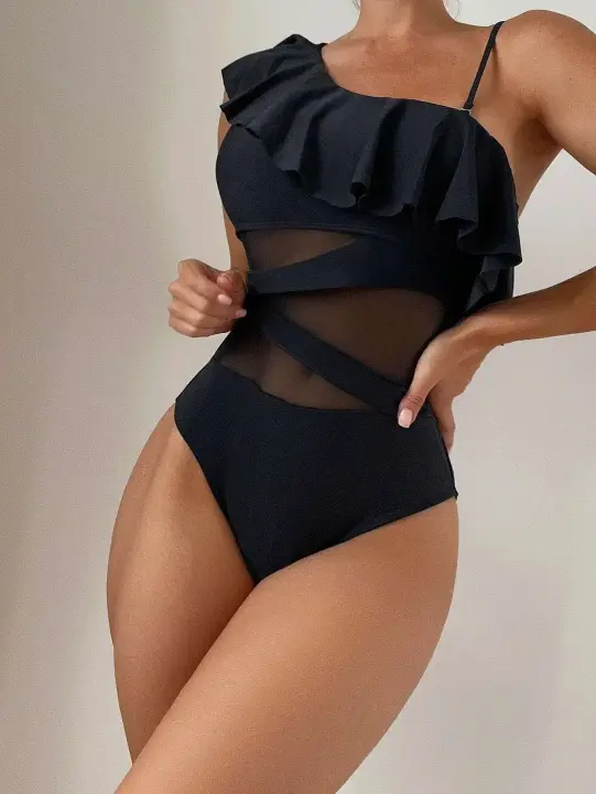 TRE de malla con contraste de borde con volantes, bañador de baño de una pieza para mujer 2025, ropa deportiva de playa - 1