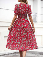 Vestido de mujer, novedad de verano 2025, vestido de longitud media acampanado a la moda con cintura alta y flores redondas para mujer - details 5