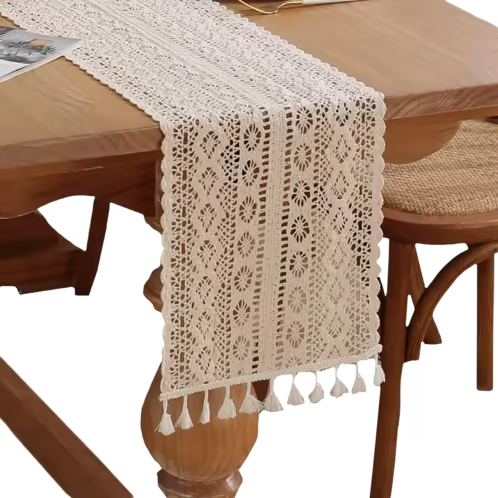 Caminos de Mesa de Ganchillo, 30x140cm Camino de Mesa de Encaje Clásico Mantel de Boda Beige Cubre Mesa Vintage con Borlas para Cocina Comedor Fiesta Decoración(Estilo C) - 1