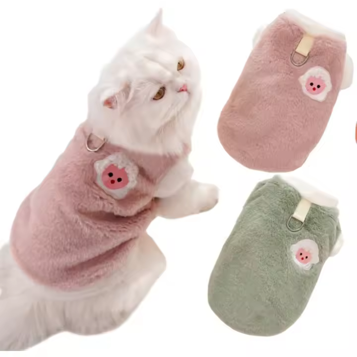 Ropa de invierno de 2 piezas para gato, con correa y anillo en D, traje de lana para perros pequeños y medianos, jersey con estampado Animal para mascotas - 1
