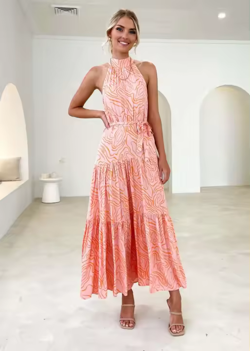Vestido de Tacón Halter con Estampado de Moda Primavera-Verano Vestido Largo sin Mangas para Mujeres Estilo de Commutación Chic - 1