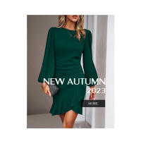 Mini vestido ajustado de manga larga para mujer Manga plisada Dobladillo con volantes Vestido de oficina - details 0
