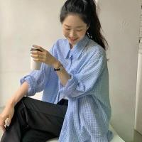 Camisa coreana para mujer, camisa de manga larga con protección solar, holgada, informal, de un solo pecho, con cuello vuelto a cuadros, de verano - details 6